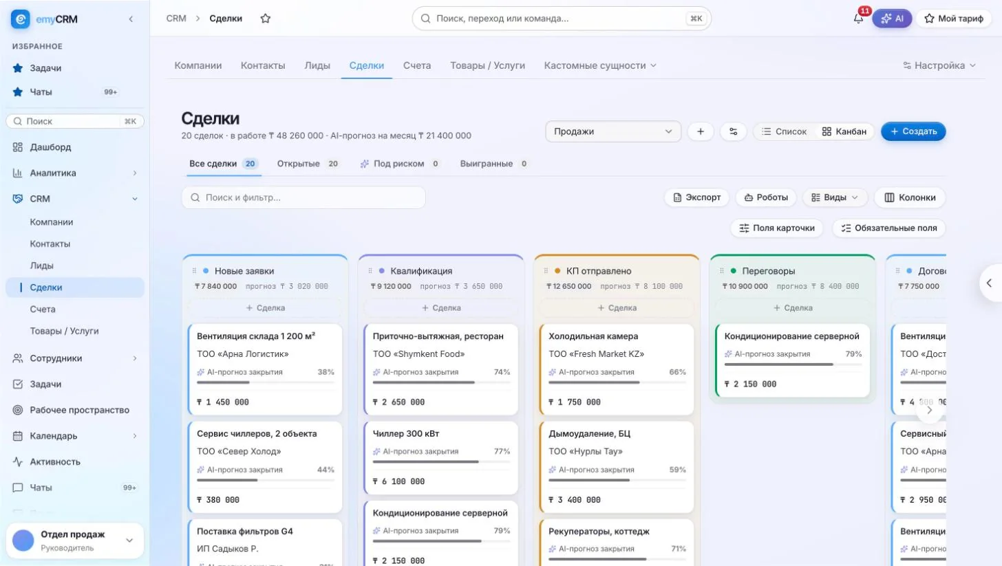 Канбан сделок в emyCRM с AI-прогнозом закрытия